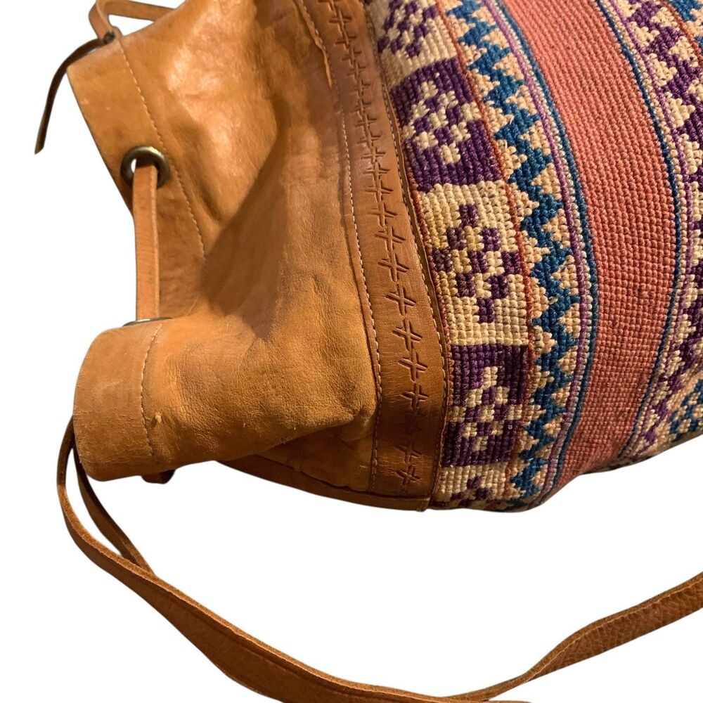 Vintage Leather Wool Kilim Drawstring Backpack Large Multi-Color Tooled Bag Boho - Picture 8 of 15